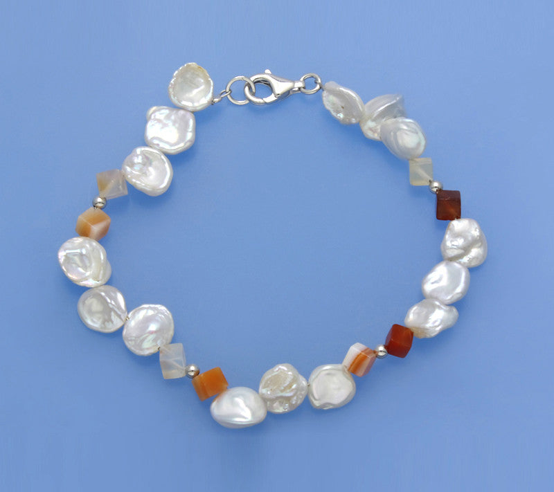 Sterling Silver Bracelet with 8-8.5mm Keshi Shape Freshwater Pearl and Agate - Wing Wo Hing Jewelry Group - Pearl Jewelry Manufacturer