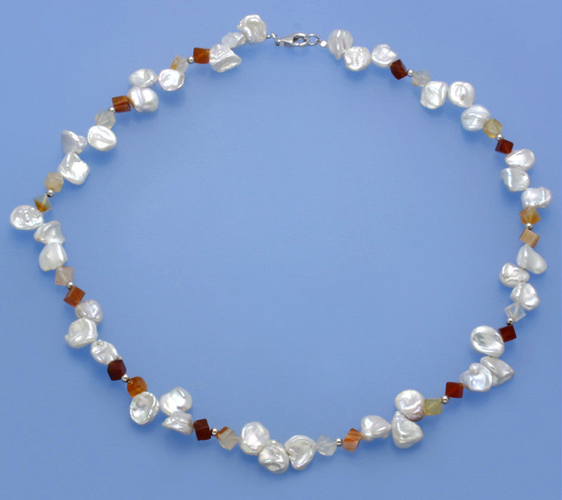 Sterling Silver Necklace with 8-8.5mm Keshi Shape Freshwater Pearl and Agate - Wing Wo Hing Jewelry Group - Pearl Jewelry Manufacturer