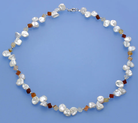 Sterling Silver Necklace with 8-8.5mm Keshi Shape Freshwater Pearl and Agate