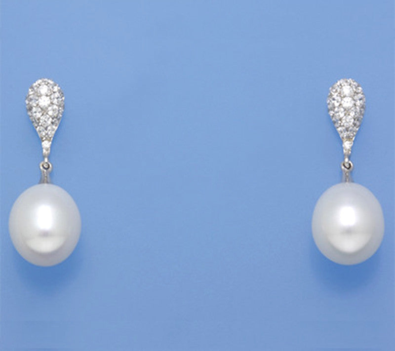 Sterling Silver Earrings with 9-9.5mm Drop Shape Freshwater Pearl and Cubic Zirconia - Wing Wo Hing Jewelry Group - Pearl Jewelry Manufacturer