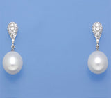 Sterling Silver Earrings with 9-9.5mm Drop Shape Freshwater Pearl and Cubic Zirconia - Wing Wo Hing Jewelry Group - Pearl Jewelry Manufacturer