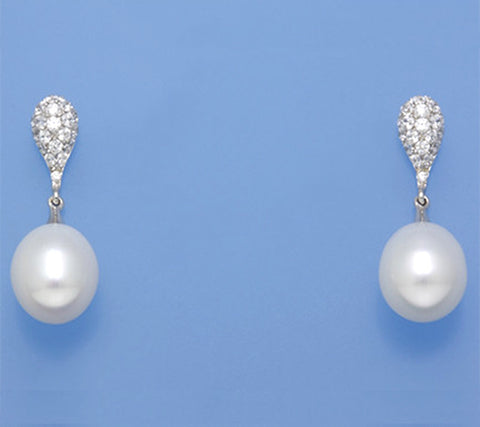 Sterling Silver Earrings with 9-9.5mm Drop Shape Freshwater Pearl and Cubic Zirconia