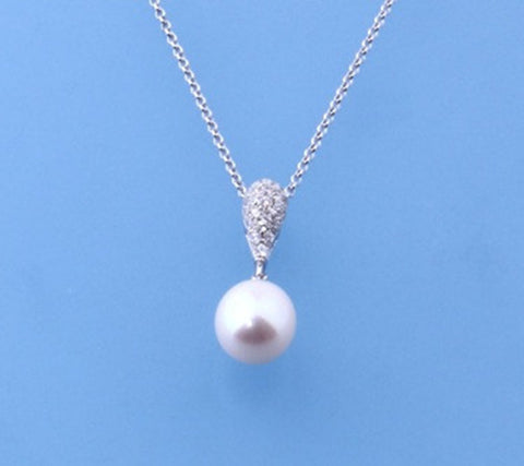 Sterling Silver Pendant with 9-9.5mm Drop Shape Freshwater Pearl and Cubic Zirconia