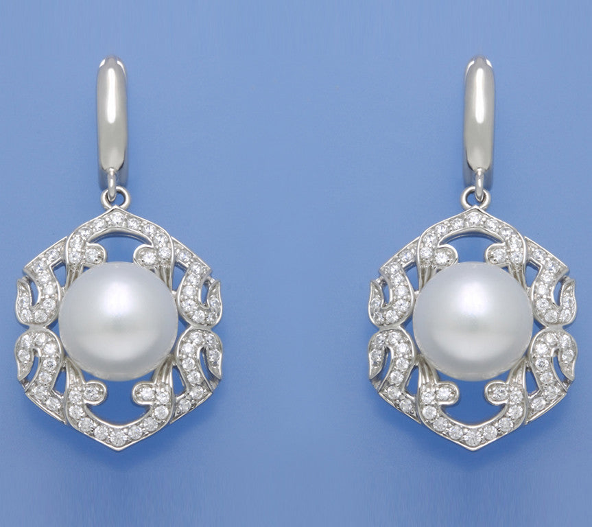 Sterling Silver Earrings with 10-10.5mm Button Shape Freshwater Pearl and Cubic Zirconia - Wing Wo Hing Jewelry Group - Pearl Jewelry Manufacturer