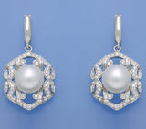 Sterling Silver Earrings with 10-10.5mm Button Shape Freshwater Pearl and Cubic Zirconia - Wing Wo Hing Jewelry Group - Pearl Jewelry Manufacturer