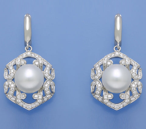 Sterling Silver Earrings with 10-10.5mm Button Shape Freshwater Pearl and Cubic Zirconia