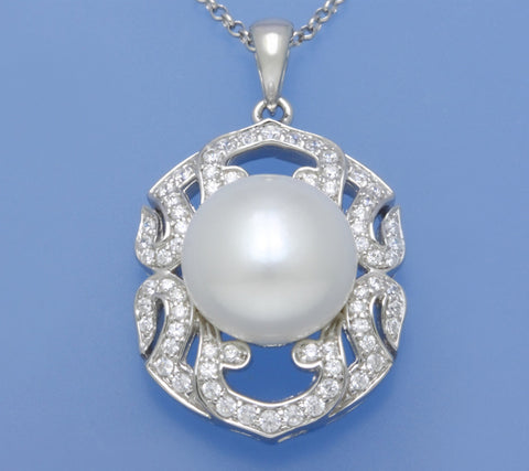 Sterling Silver Pendant with 11.5-12mm Button Shape Freshwater Pearl and Cubic Zirconia