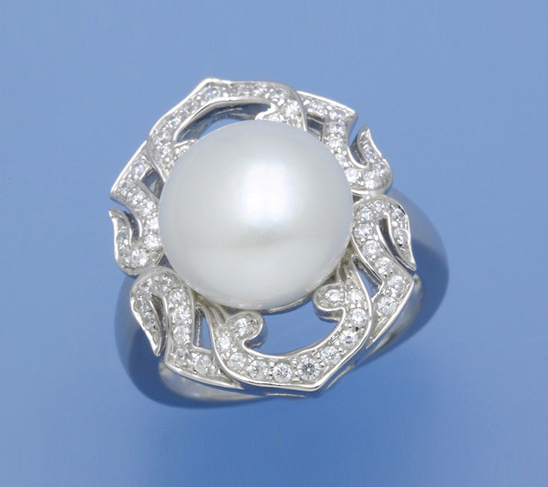 Sterling Silver Ring with 11.5-12mm Button Shape Freshwater Pearl and Cubic Zirconia - Wing Wo Hing Jewelry Group - Pearl Jewelry Manufacturer