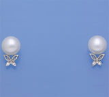 Sterling Silver Earrings with 8-8.5mm Button Shape Freshwater Pearl and Cubic Zirconia - Wing Wo Hing Jewelry Group - Pearl Jewelry Manufacturer