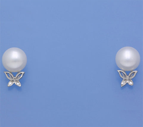 Sterling Silver Earrings with 8-8.5mm Button Shape Freshwater Pearl and Cubic Zirconia