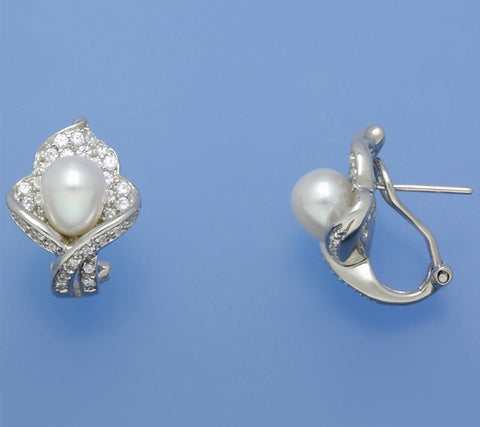 Sterling Silver Earrings with 6.5-7mm Drop Shape Freshwater Pearl and Cubic Zirconia