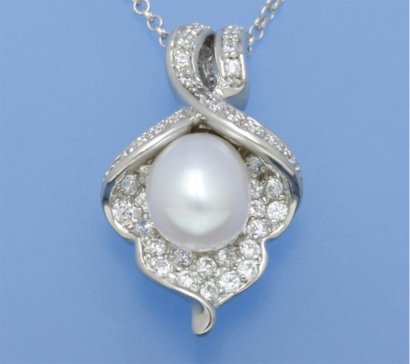 Sterling Silver Pendant with 8-8.5mm Drop Shape Freshwater Pearl and Cubic Zirconia - Wing Wo Hing Jewelry Group - Pearl Jewelry Manufacturer