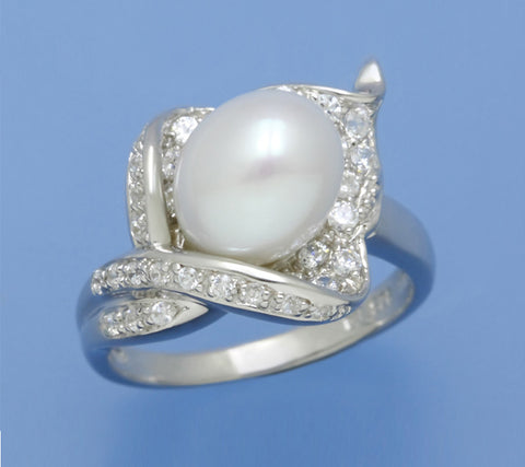 Sterling Silver Ring with 8-8.5mm Drop Shape Freshwater Pearl and Cubic Zirconia