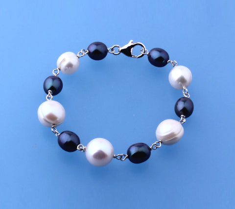 Sterling Silver Bracelet with Oval and Ringed Shape Freshwater Pearl