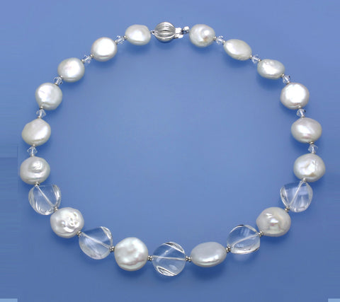 Sterling Silver Necklace with 14.5-16.5mm Coin Shape Freshwater Pearl and Crystal Ball