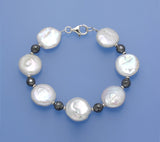 Sterling Silver Bracelet with 15.5-16mm Coin Shape Freshwater Pearl and Hematite - Wing Wo Hing Jewelry Group - Pearl Jewelry Manufacturer