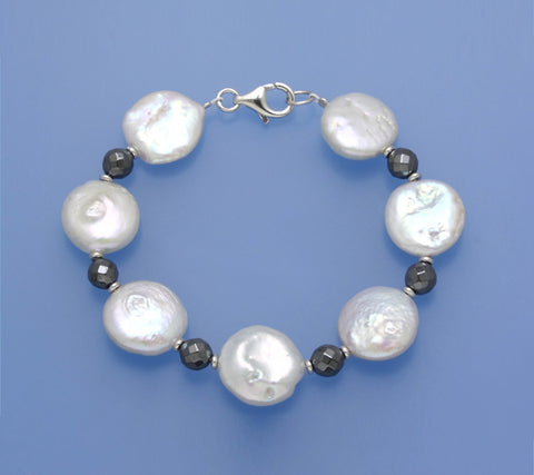 Sterling Silver Bracelet with 15.5-16mm Coin Shape Freshwater Pearl and Hematite