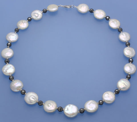 Sterling Silver Necklace with 15.5-16mm Coin Shape Freshwater Pearl and Hematite