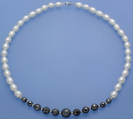 Sterling Silver Necklace with 7.5-8mm Oval Shape Freshwater Pearl and Hematite - Wing Wo Hing Jewelry Group - Pearl Jewelry Manufacturer