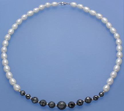 Sterling Silver Necklace with 7.5-8mm Oval Shape Freshwater Pearl and Hematite