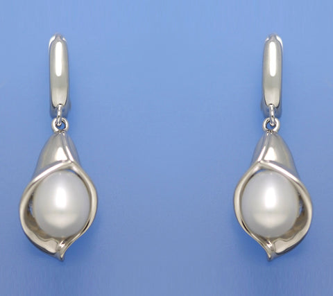 Sterling Silver Earrings with 7.5-8mm Drop Shape Freshwater Pearl