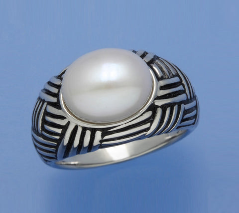 White and Black Plated Silver Ring with 9-9.5mm Oval Shape Freshwater Pearl
