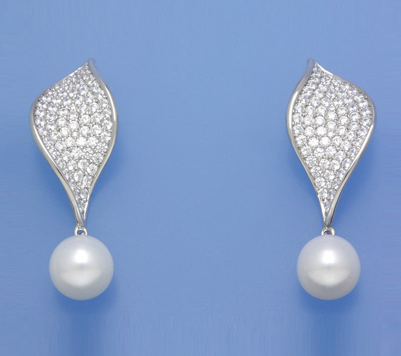 Sterling Silver Earrings with 10-10.5mm Drop Shape Freshwater Pearl and Cubic Zirconia - Wing Wo Hing Jewelry Group - Pearl Jewelry Manufacturer
