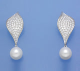 Sterling Silver Earrings with 10-10.5mm Drop Shape Freshwater Pearl and Cubic Zirconia - Wing Wo Hing Jewelry Group - Pearl Jewelry Manufacturer