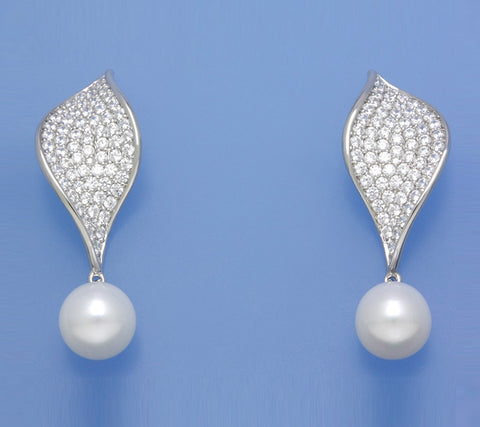 Sterling Silver Earrings with 10-10.5mm Drop Shape Freshwater Pearl and Cubic Zirconia