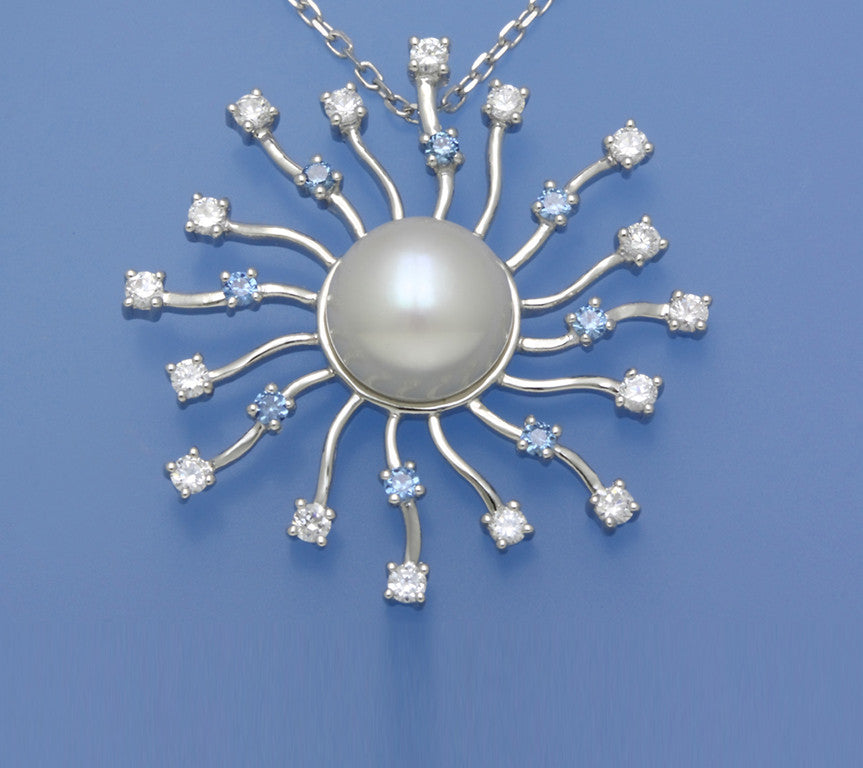 Sterling Silver Pendant with 12-12.5mm Button Shape Freshwater Pearl and Cubic Zirconia - Wing Wo Hing Jewelry Group - Pearl Jewelry Manufacturer