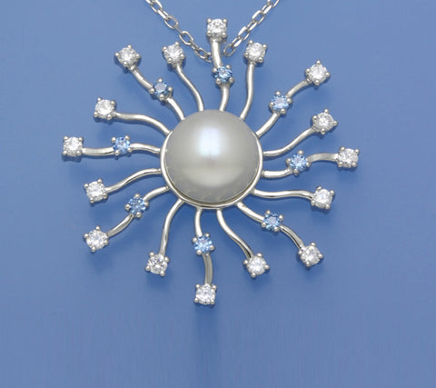 Sterling Silver Pendant with 12-12.5mm Button Shape Freshwater Pearl and Cubic Zirconia