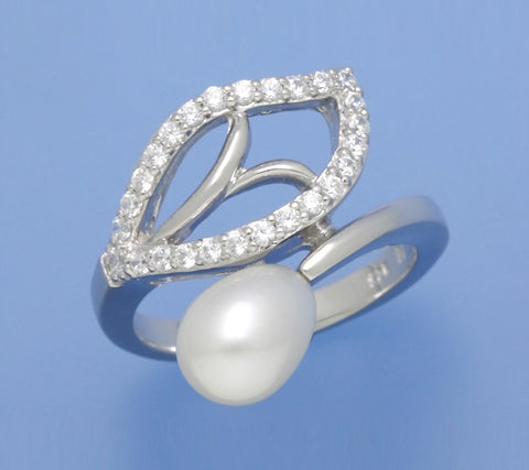 Sterling Silver Ring with 7-7.5mm Drop Shape Freshwater Pearl and Cubic Zirconia