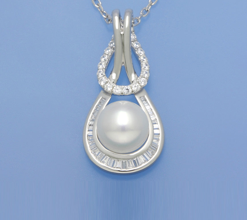 Sterling Silver Pendant with 9.5-10mm Button Shape Freshwater Pearl and Cubic Zirconia - Wing Wo Hing Jewelry Group - Pearl Jewelry Manufacturer