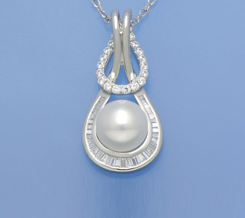 Sterling Silver Pendant with 9.5-10mm Button Shape Freshwater Pearl and Cubic Zirconia