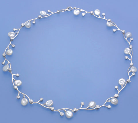 Sterling Silver Necklace with 7-7.5mm Keshi Freshwater Pearl and Cubic Zirconia