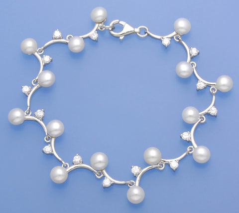 Sterling Silver Bracelet with 5-5.5mm Button Shape Freshwater Pearl and Cubic Zirconia
