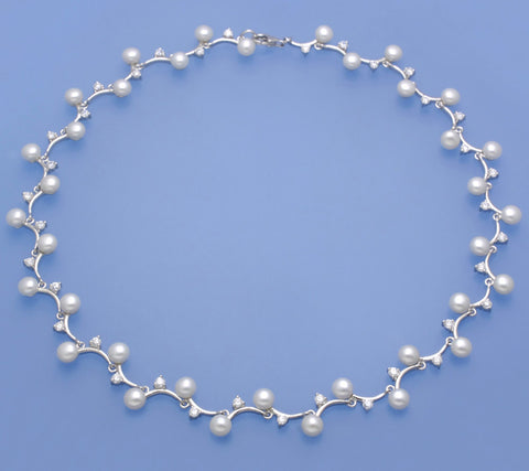 Sterling Silver Necklace with 5-5.5mm Button Shape Freshwater Pearl and Cubic Zirconia