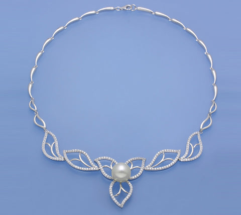 Sterling Silver Necklace with 12.5-13mm South Sea Pearl and Cubic Zirconia