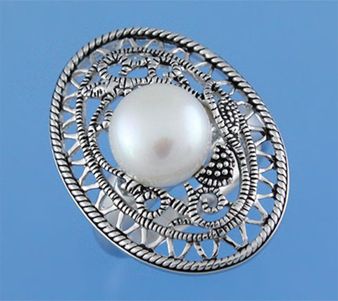 White and Black Plated Silver Ring with 9.5-10mm Button Shape Freshwater Pearl