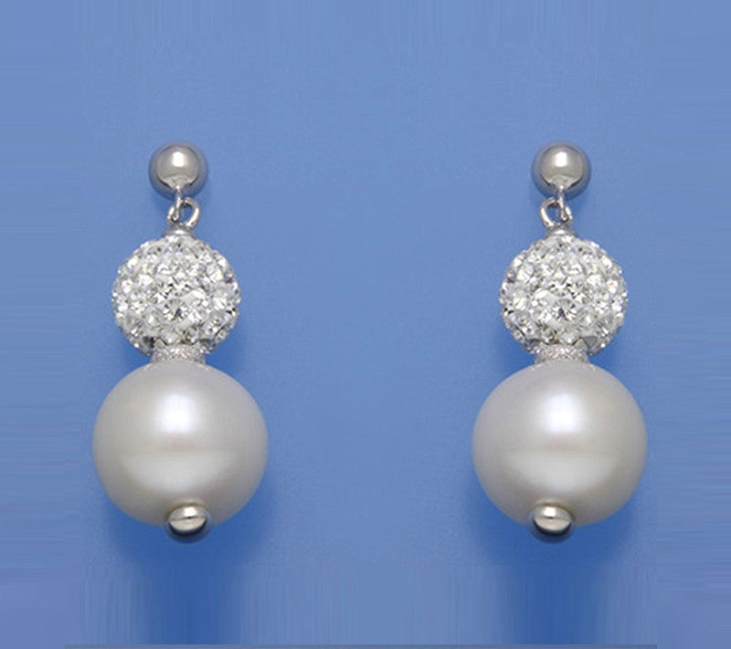 Sterling Silver Earrings with 10.5-11mm Potato Shape Freshwater Pearl and Crystal Ball - Wing Wo Hing Jewelry Group - Pearl Jewelry Manufacturer