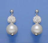 Sterling Silver Earrings with 10.5-11mm Potato Shape Freshwater Pearl and Crystal Ball - Wing Wo Hing Jewelry Group - Pearl Jewelry Manufacturer