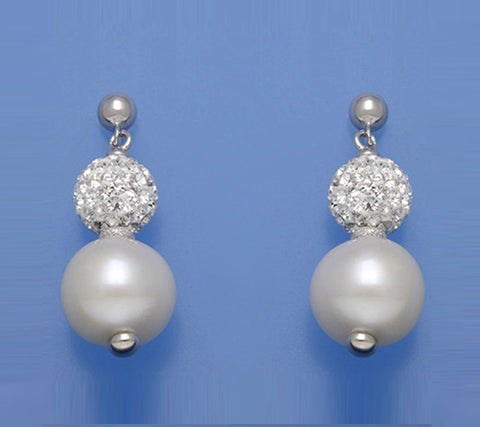 Sterling Silver Earrings with 10.5-11mm Potato Shape Freshwater Pearl and Crystal Ball