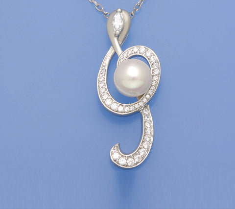 Sterling Silver Pendant with 8.5-9mm Round Shape Freshwater Pearl and Cubic Zirconia