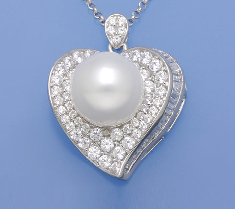 Sterling Silver Pendant with 11-11.5mm Round Shape Freshwater Pearl and Cubic Zirconia