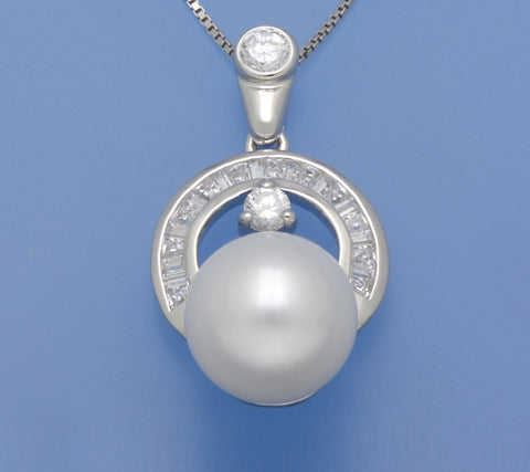 Sterling Silver Pendant with 11-11.5mm Round Shape Freshwater Pearl and Cubic Zirconia