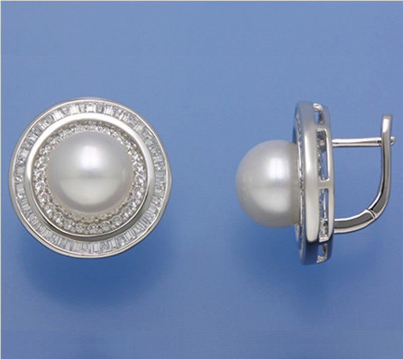 Sterling Silver Earrings with 10-10.5mm Round Shape Freshwater Pearl and Cubic Zirconia - Wing Wo Hing Jewelry Group - Pearl Jewelry Manufacturer