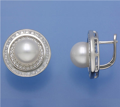 Sterling Silver Earrings with 10-10.5mm Round Shape Freshwater Pearl and Cubic Zirconia