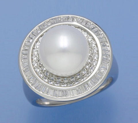 Sterling Silver Ring with 10.5-11mm Round Shape Freshwater Pearl and Cubic Zirconia