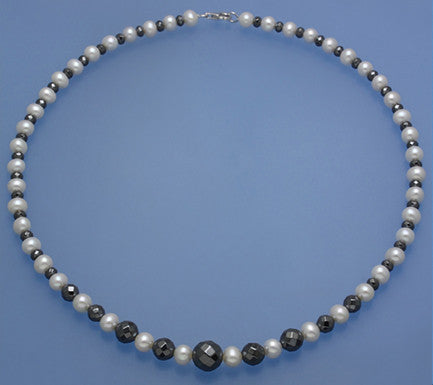 Sterling Silver Necklace with 6-6.5mm Potato Shape Freshwater Pearl and Hematite