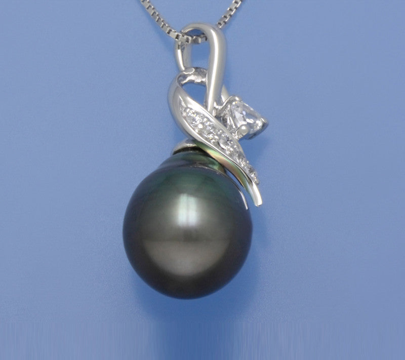 Sterling Silver Pendant with 10-10.5mm Drop Shape Tahitian Pearl and Cubic Zirconia - Wing Wo Hing Jewelry Group - Pearl Jewelry Manufacturer